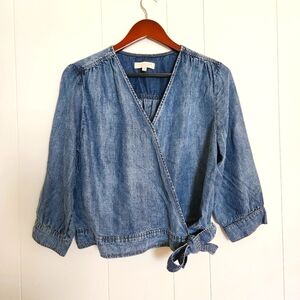 SIDE STITCH LA, Jean Wrap Shirt, 3/4 Sleeves, V Neck, Size